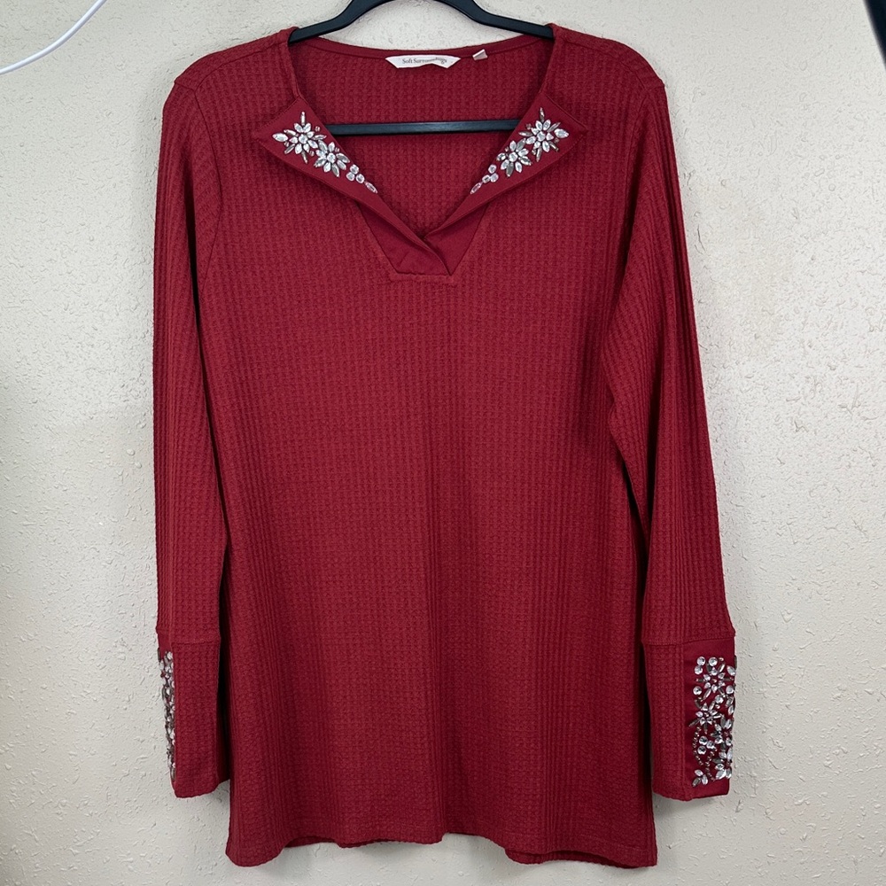 Soft Surroundings Vallete Beaded Waffle  Embellished V-Neck Long Sleeve Top Sz M